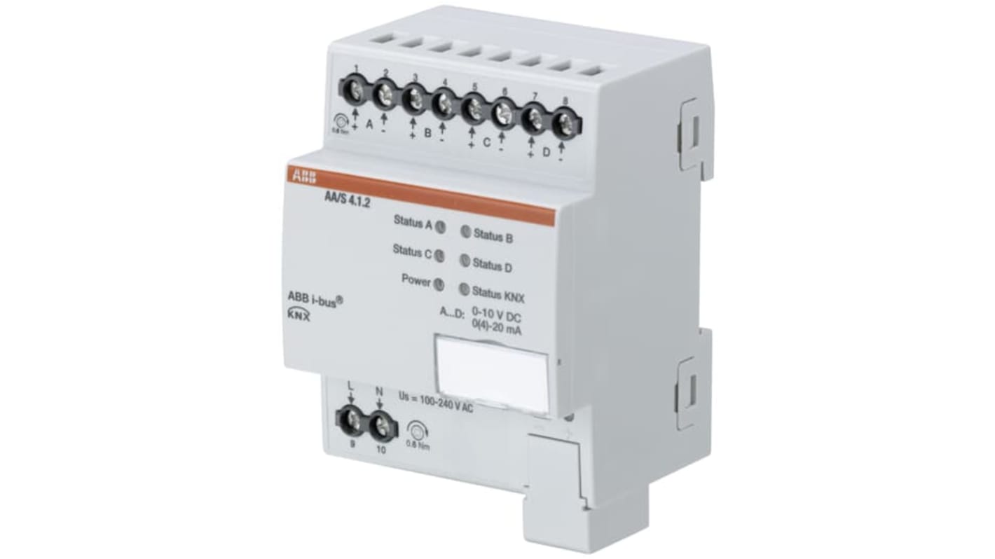 Modulo I/O ABB 2CDG110202R0011 AA/S4.1.2 per sistema bus KNX, quattro uscite analogiche, grado di protezione IP20.