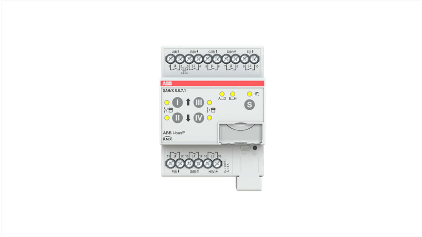 Modulo I/O PLC ABB 2CDG110244R0011 SAH/S8.6.7.1 per sistema bus KNX, montaggio su guida da 35 mm, grado di protezione IP20.