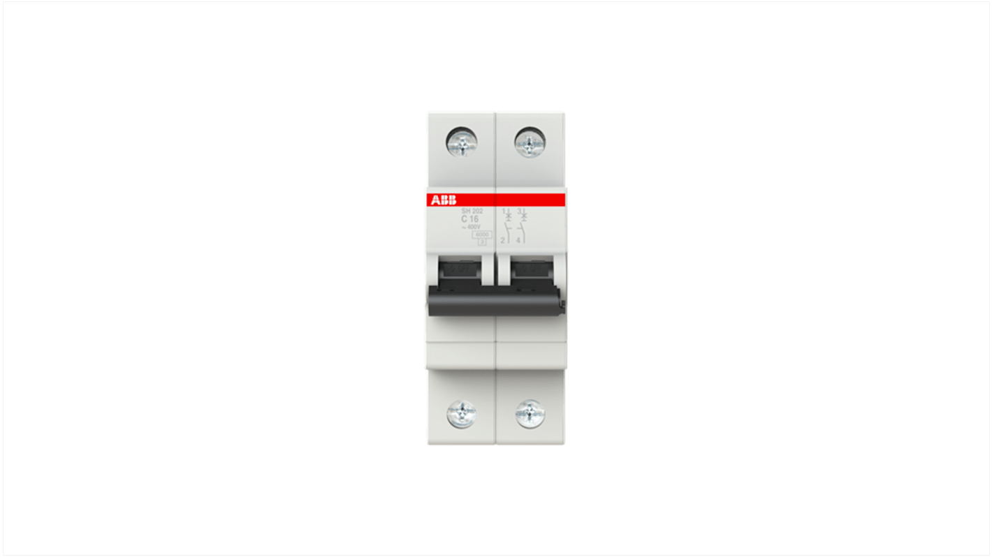 Interruttore magnetotermico ABB SH202-C 16, 2 poli, 16A, 6 kA, montaggio su guida DIN, dimensioni 69x35x69 mm.