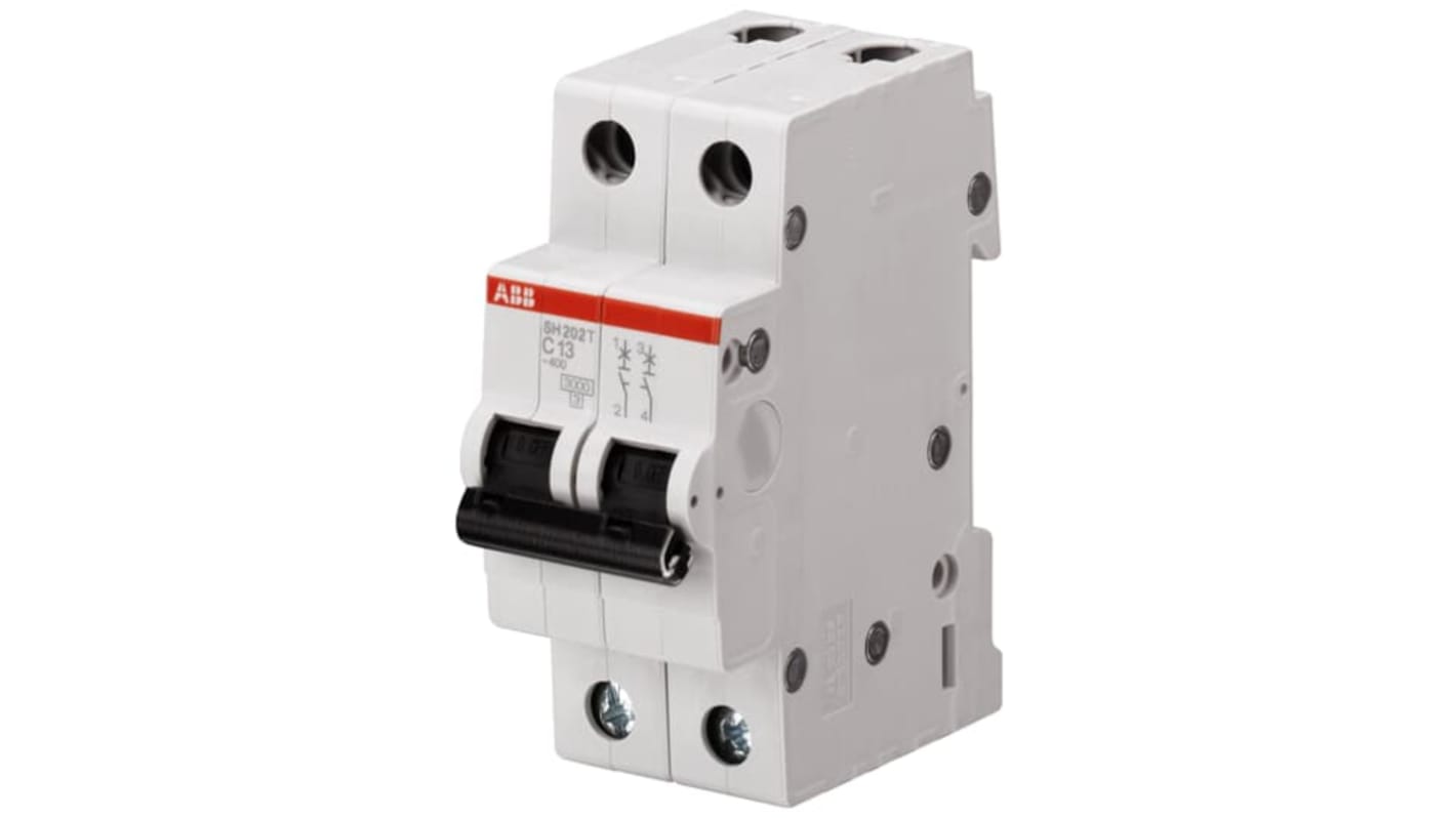 Interruttore magnetotermico ABB SH202T-C 6A, Tipo C, 2 poli, montaggio su guida DIN, grado di protezione IP20.