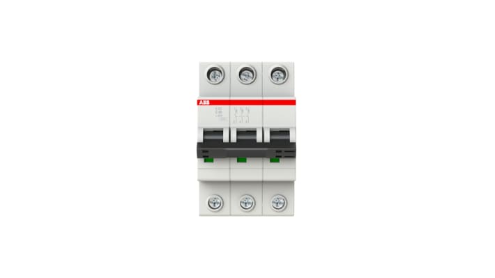 Interruttore magnetotermico ABB 3 poli, 80 A, tipo C, montaggio su guida DIN, dimensioni 69 mm x 52.5 mm x 88 mm.