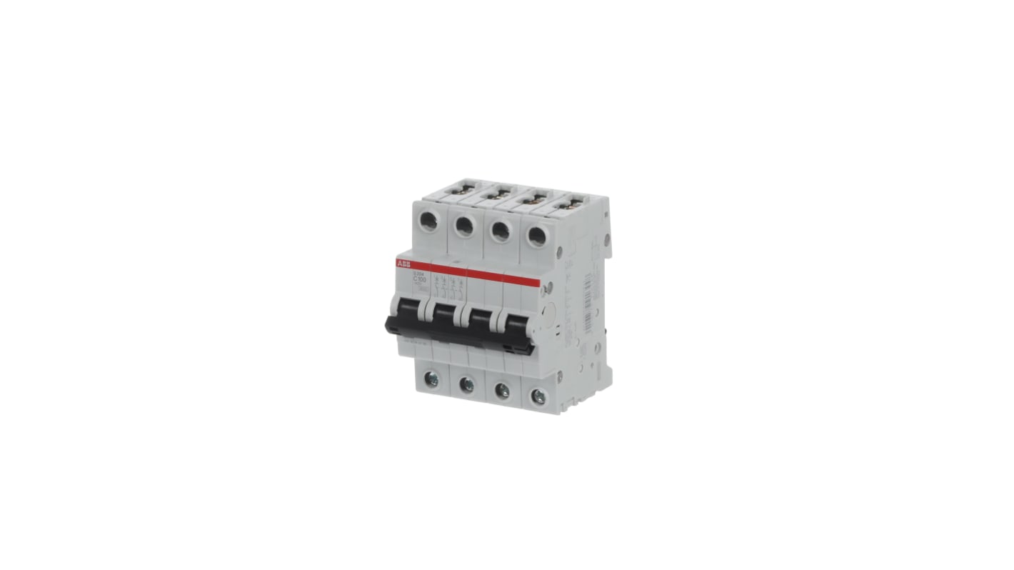 Interruttore magnetotermico ABB S204-C100, 4 poli, 100A, 6 kA, montaggio su guida DIN, dimensioni 70x69x88 mm.
