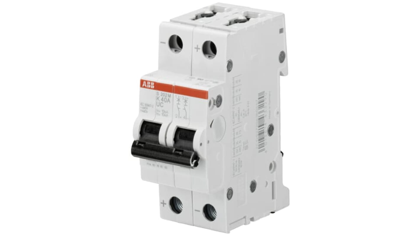 Interruttore magnetotermico ABB S202 MUC K 6A 2P, montaggio su guida DIN, grado di protezione IP20, capacità di interruzione 10 KA.