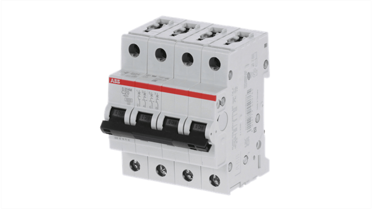 Interruttore magnetotermico ABB S204M C 20A, 4 poli, montaggio su guida DIN, protezione IP20, per applicazioni industriali.