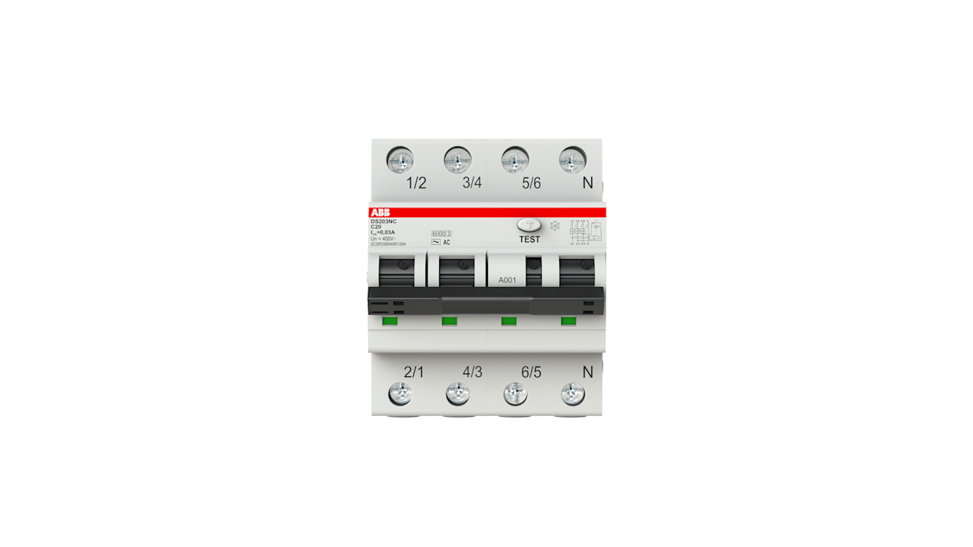 Interruttore differenziale ABB 4 poli, 20A, 30mA, montaggio su guida DIN, dimensioni 69 x 71 x 85mm, conforme CE.