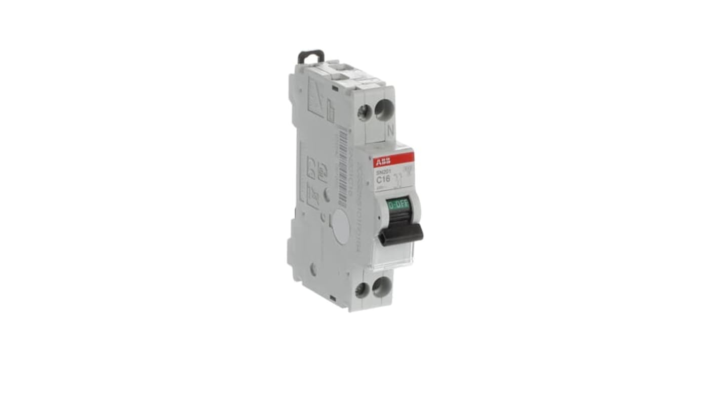 Interruttore magnetotermico ABB SN201-C16, 2 poli, 16 A, Tipo C, montaggio su guida DIN, dimensioni 69x18x85 mm, protezione da sovraccarichi.