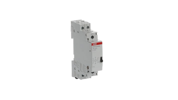 Relè di potenza ABB SPDT per montaggio su guida DIN, tensione 230V, corrente 16A, dimensioni 62x85x18mm.