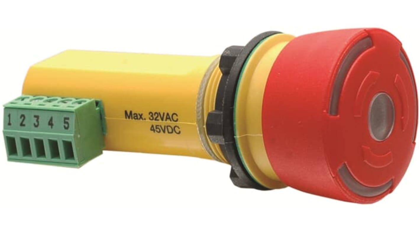 Pulsante di arresto di emergenza ABB, montaggio a pannello, diametro foro 22.5mm, tensione 24V cc, design robusto.