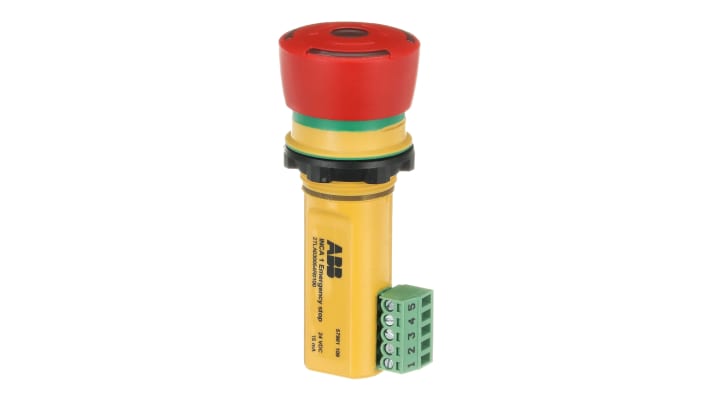 Pulsante di arresto di emergenza ABB, montaggio a pannello, diametro foro 22.5mm, tensione 24V cc, design robusto.