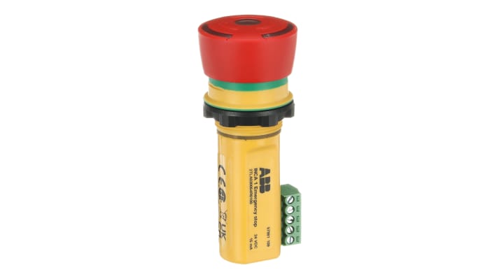 Pulsante di arresto di emergenza ABB, montaggio a pannello, diametro foro 22.5mm, tensione 24V cc, design robusto.