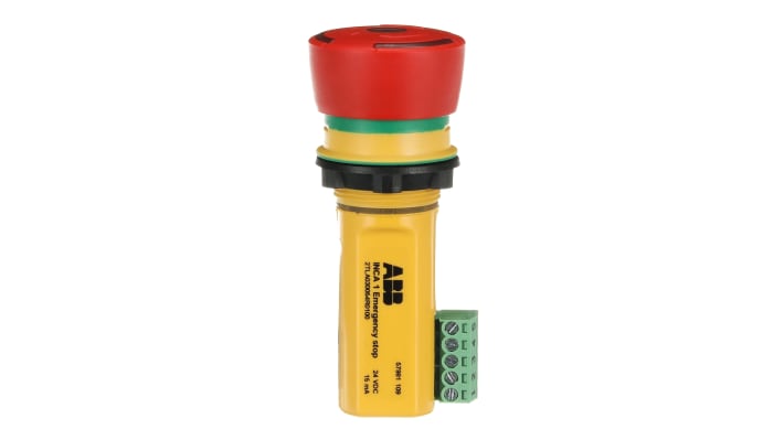 Pulsante di arresto di emergenza ABB, montaggio a pannello, diametro foro 22.5mm, tensione 24V cc, design robusto.