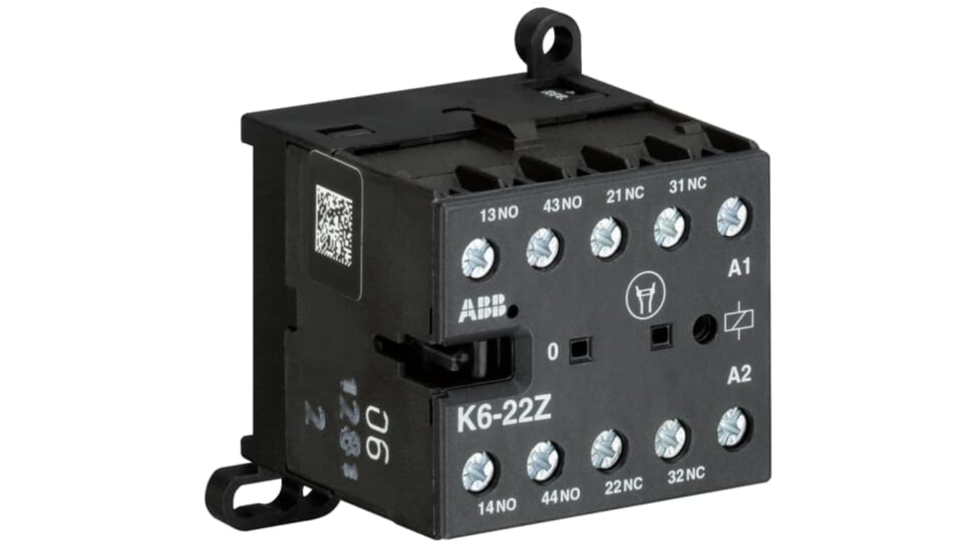Relè contattore ABB GJH1211001R8224 K6-22Z, 2NC/2NA, 6 A, 110V, grado di protezione IP20, per applicazioni industriali.