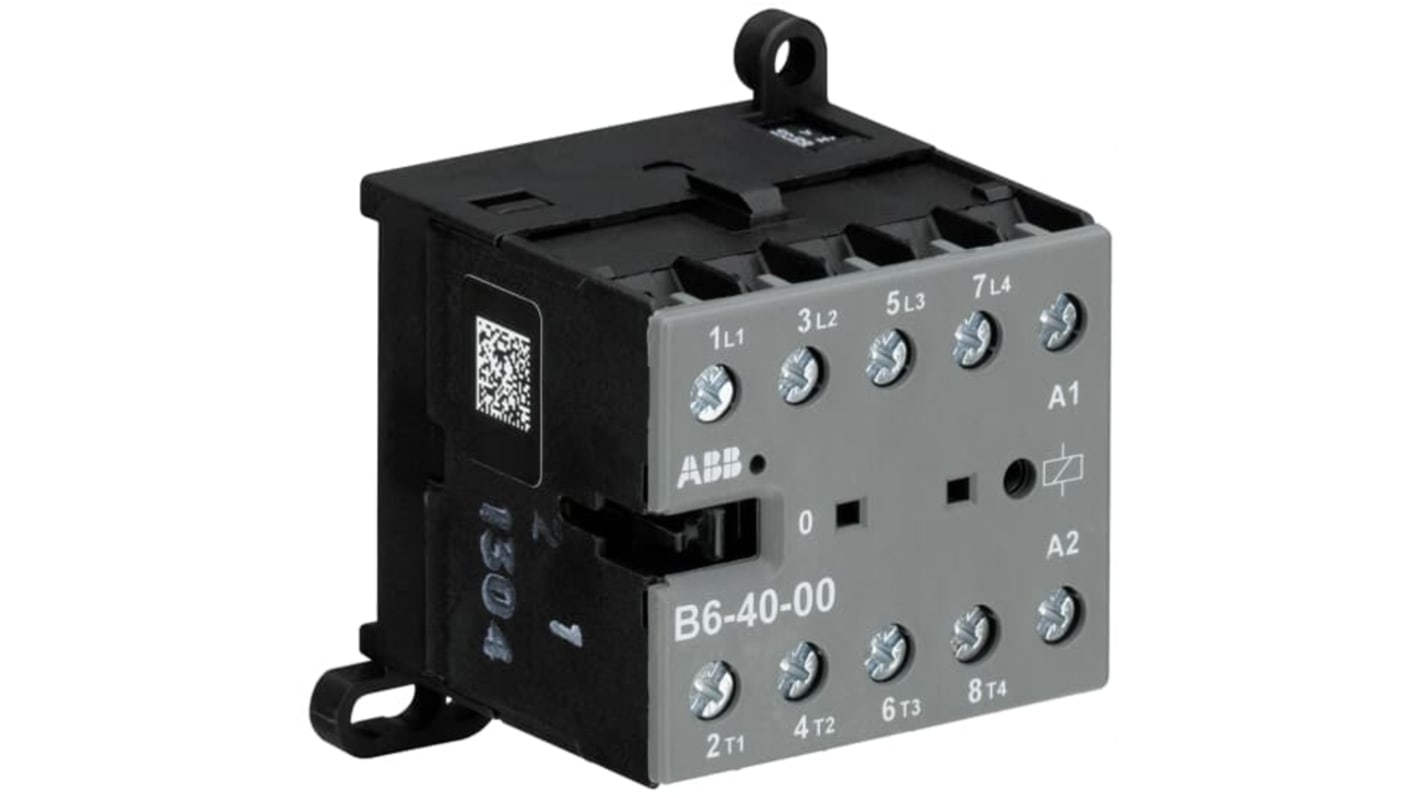 Contattore ABB GJL1211201R8000, 4 poli, 20 A, 240 V, montaggio su guida, dimensioni 57,5 x 52,5 x 46,5 mm.