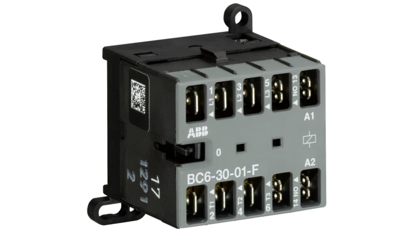 Contattore ABB GJL1213003R0011 BC6-30-01-F 24V DC, 3 poli NA, 20 A, 4 kW, grado di protezione IP20, montaggio a pin piatto.