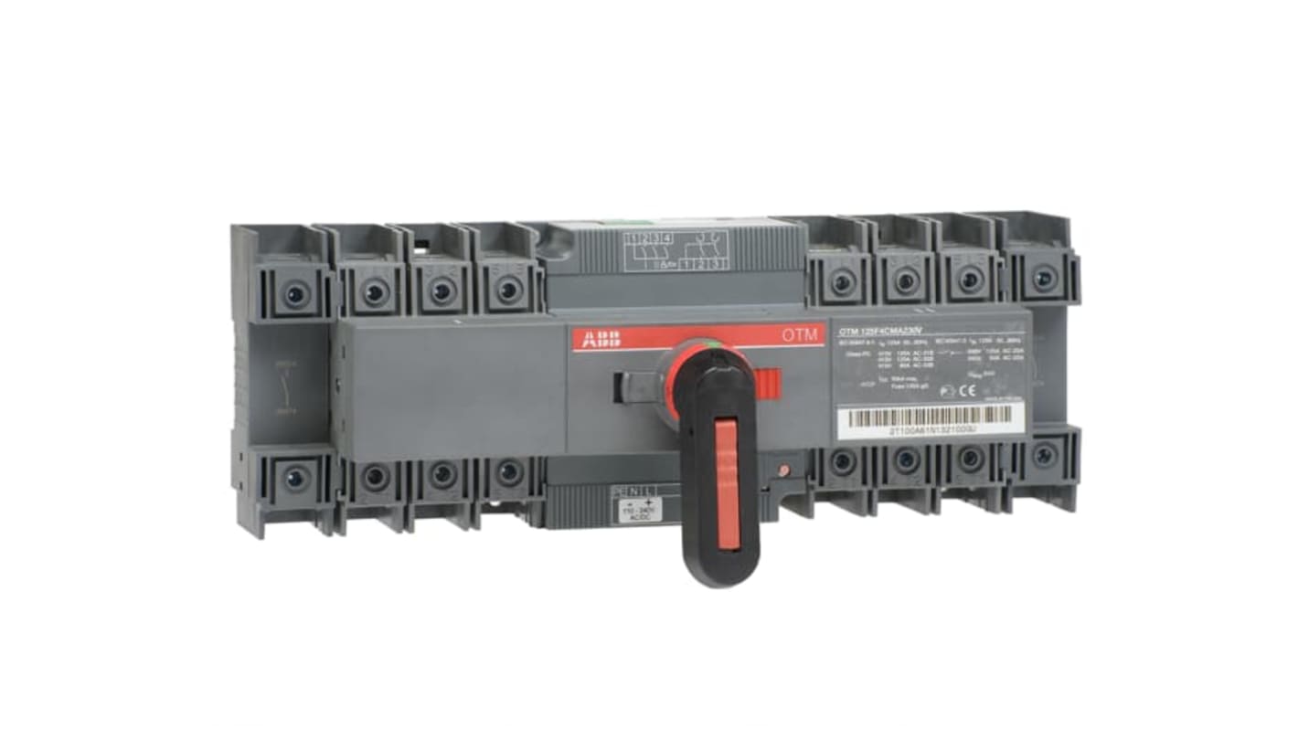 Sezionatore portafusibili ABB OTM125F4CMA230V, 125A, 4 poli, con maniglia per operazione manuale e kit di montaggio. Lunghezza 116 mm.