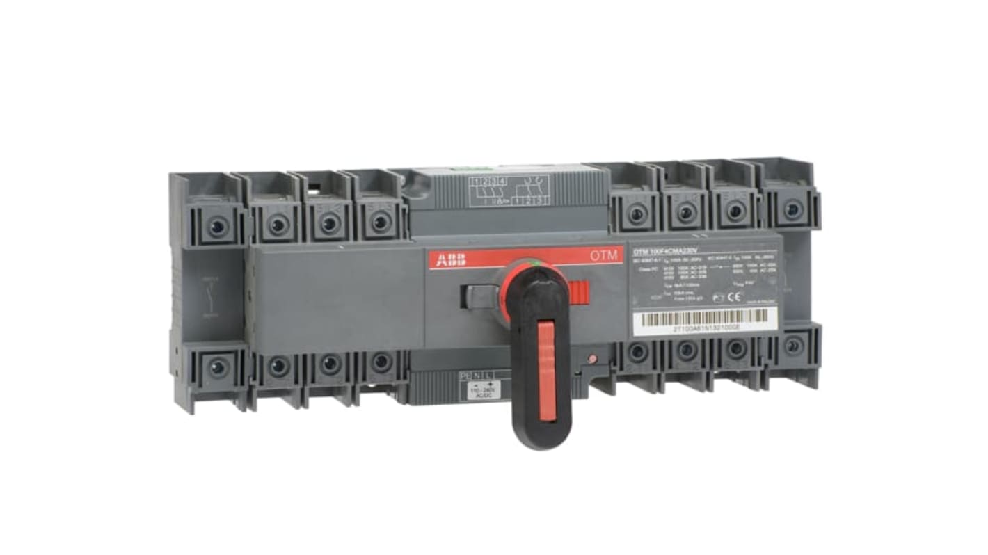 Sezionatore portafusibili motorizzato ABB OTM100F4CMA230V, 4 poli, corrente massima 100A, lunghezza 116 mm, con maniglia per uso manuale.
