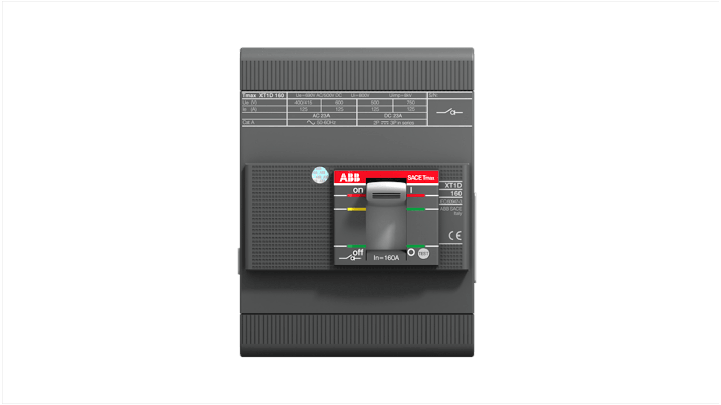 Sezionatore con interruttore ABB XT1D 160 FF, 4 poli, montaggio superficiale, corrente 160 A, dimensioni 70 mm x 101.6 mm x 130 mm.
