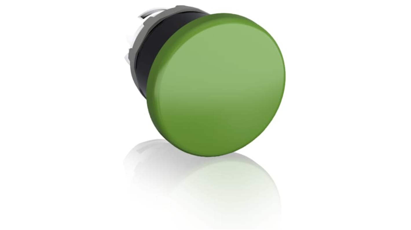 Pulsante a fungo verde ABB MPM1-10G, attuazione instabile, diametro foro 22 mm, senza blocco di contatti.