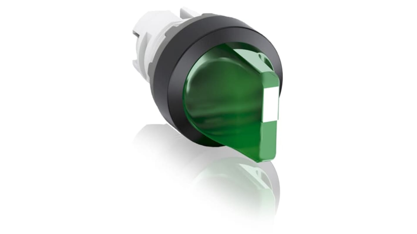 Selettore ABB M2SS1-11G, 2 posizioni, impugnatura corta, plastica verde illuminato, grado di protezione IP66.