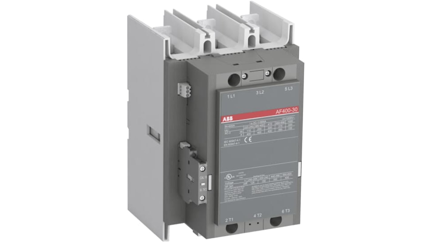 Contattore ABB 1SFL577001R7011 AF400-30-11, 3 poli, 600 A, 200 kW, 250 V, design compatto, protezione sovratensioni.