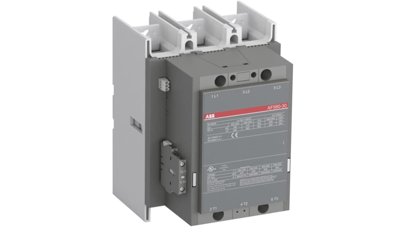 Contattore ABB 1SFL617001R7011 AF580-30-11, 3 poli, 800 A, 355 kW, 100-250 V, dimensioni 210x242x283 mm, 2 contatti ausiliari.