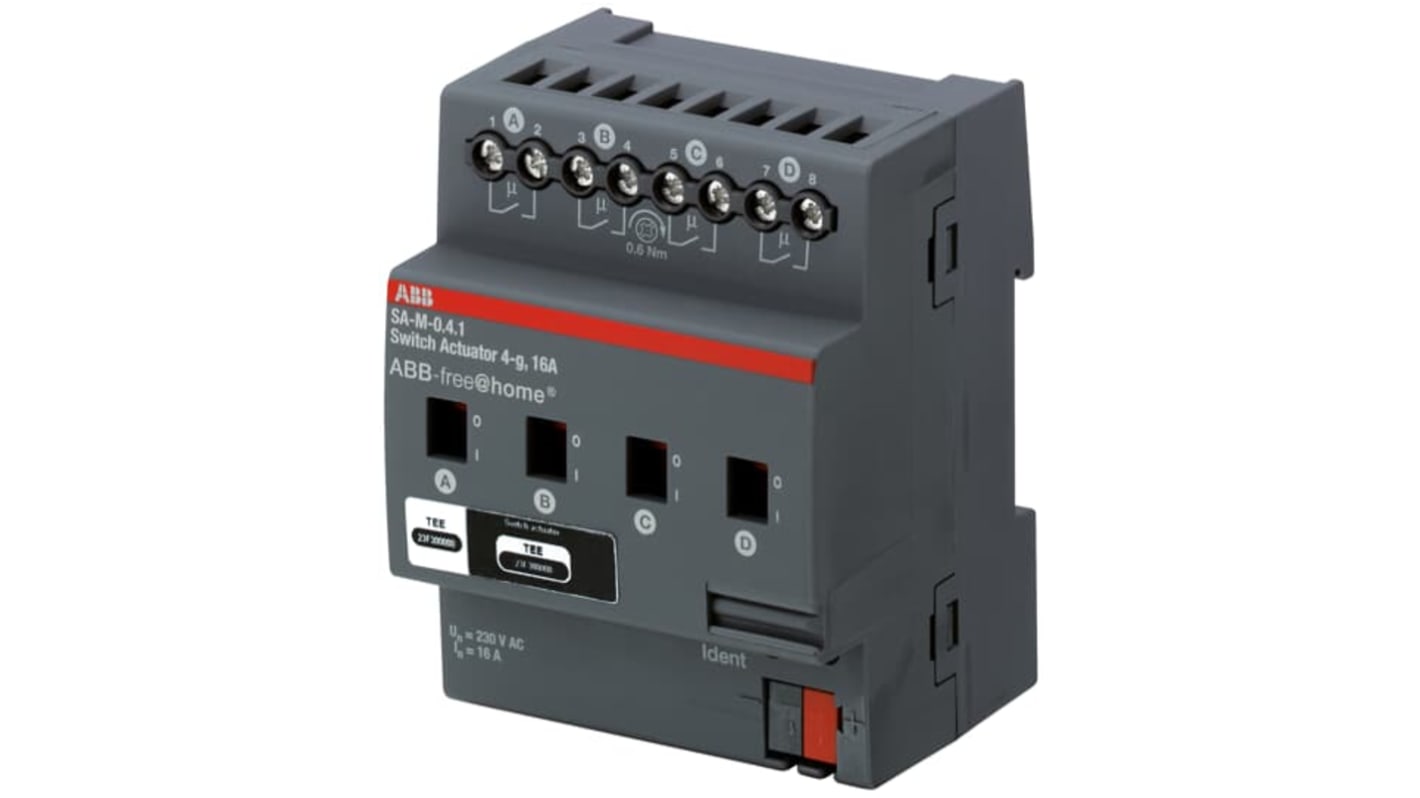 Modulo I/O ABB 2CDG510006R0011 per sistema bus KNX, attuatore interruttore con 4 canali, montaggio su guida, larghezza 4 moduli.