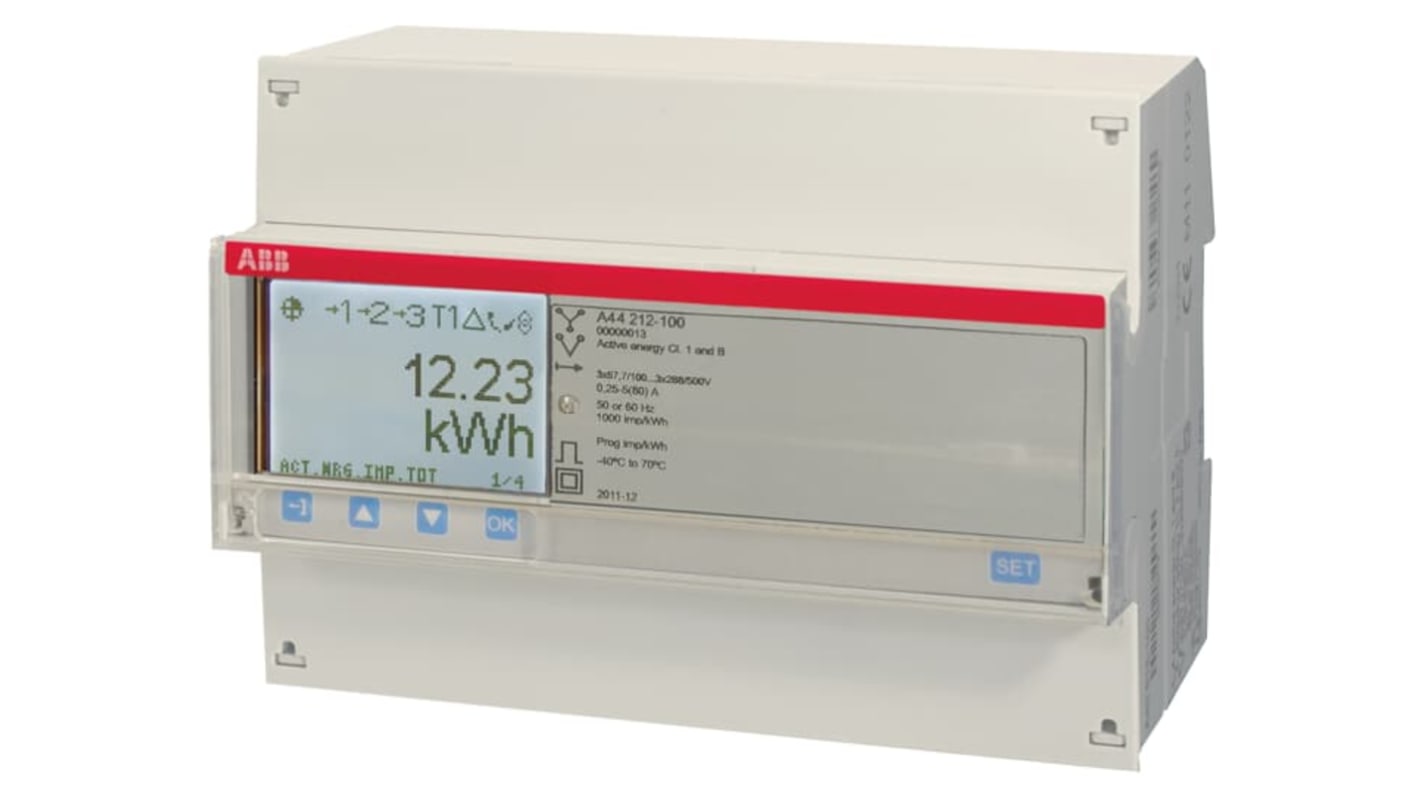 Contatore di energia trifase ABB 2CMA170534R1000 A44, montaggio su guida DIN, corrente massima 6 A, dimensioni 123x65x26.5 mm.