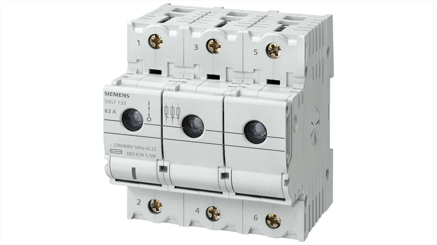 Sezionatore portafusibili Siemens 5SG7133-8BA35, tre poli, 35 A, fusibile D02, tensione 400 V, grado di protezione IP20.