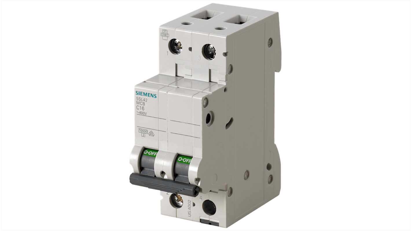 Interruttore magnetotermico Siemens 2P 20A, Tipo D, per protezione circuiti, montaggio su guida DIN, 400 V, 10 kA.