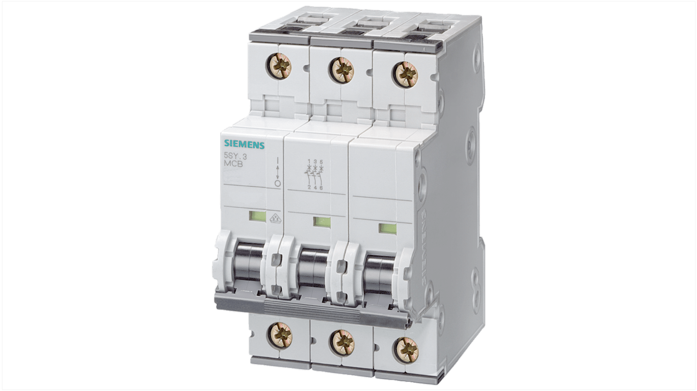 Interruttore magnetotermico Siemens 3P Tipo A, 6A, 400 V, montaggio su guida DIN, per protezione circuiti elettrici.