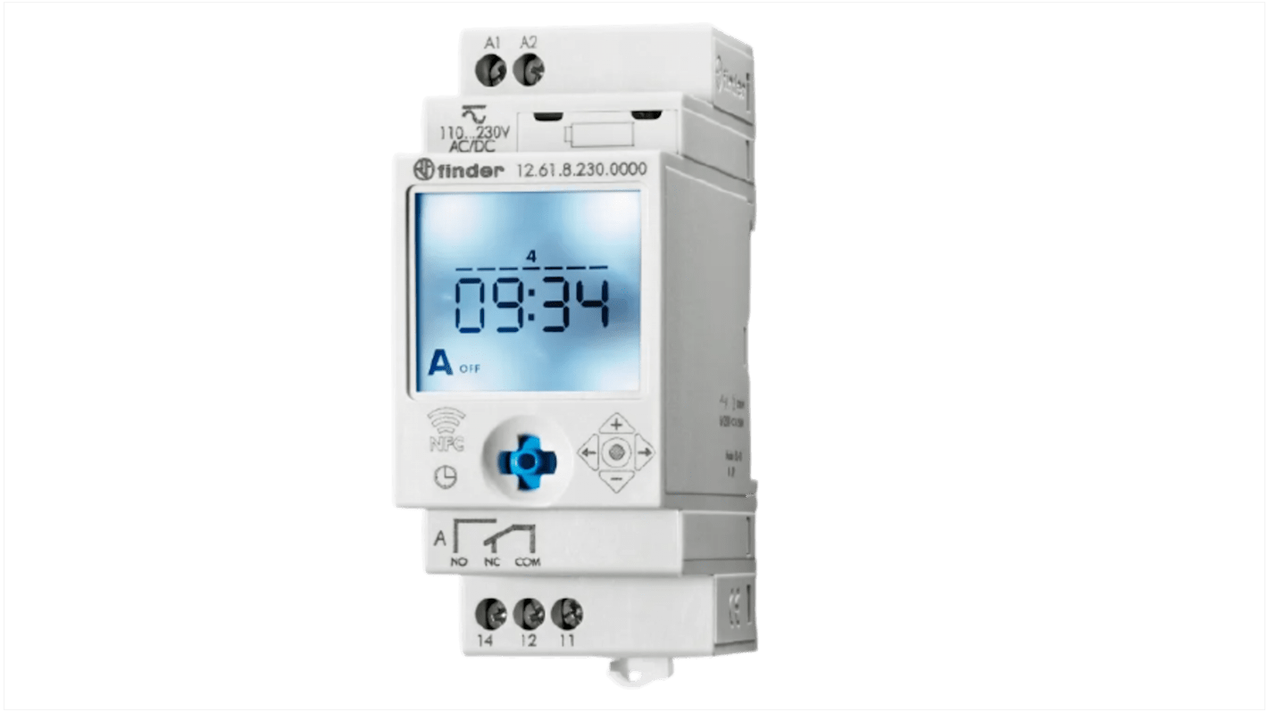Finder 12.61.0.024.0000, temporizzatore settimanale SPDT, 12-24 V, 16 A, comunicazione NFC, modalità risparmio energetico.