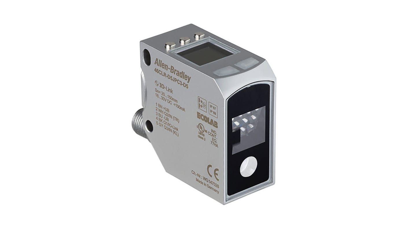 Sensore di colore Allen Bradley 46CLR-D5LAC2-D5 con LED bianco, rilevamento 18-60 mm, uscita NPN/PNP, IP67/IP69.
