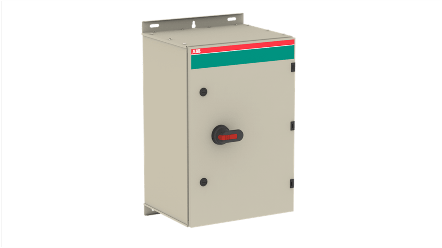 Interruttore di isolamento ABB 4 poli, 690V, in acciaio galvanizzato, adatto per esterni, con protezione UV e funzione di rilascio gas.