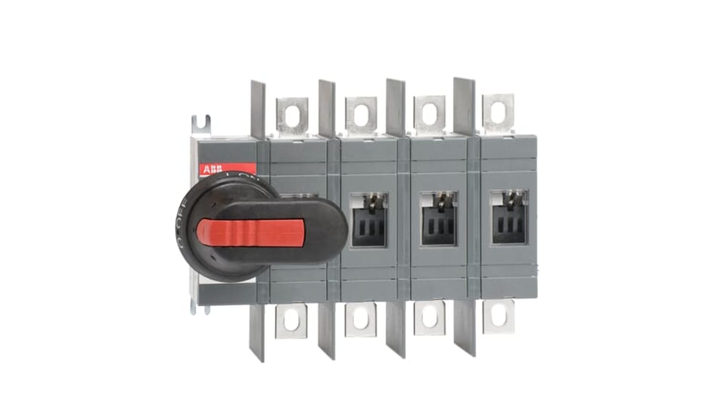 Sezionatore con interruttore ABB, 4 poli, corrente 250A, montaggio superficiale, protezione IP00, potenza 145kW.