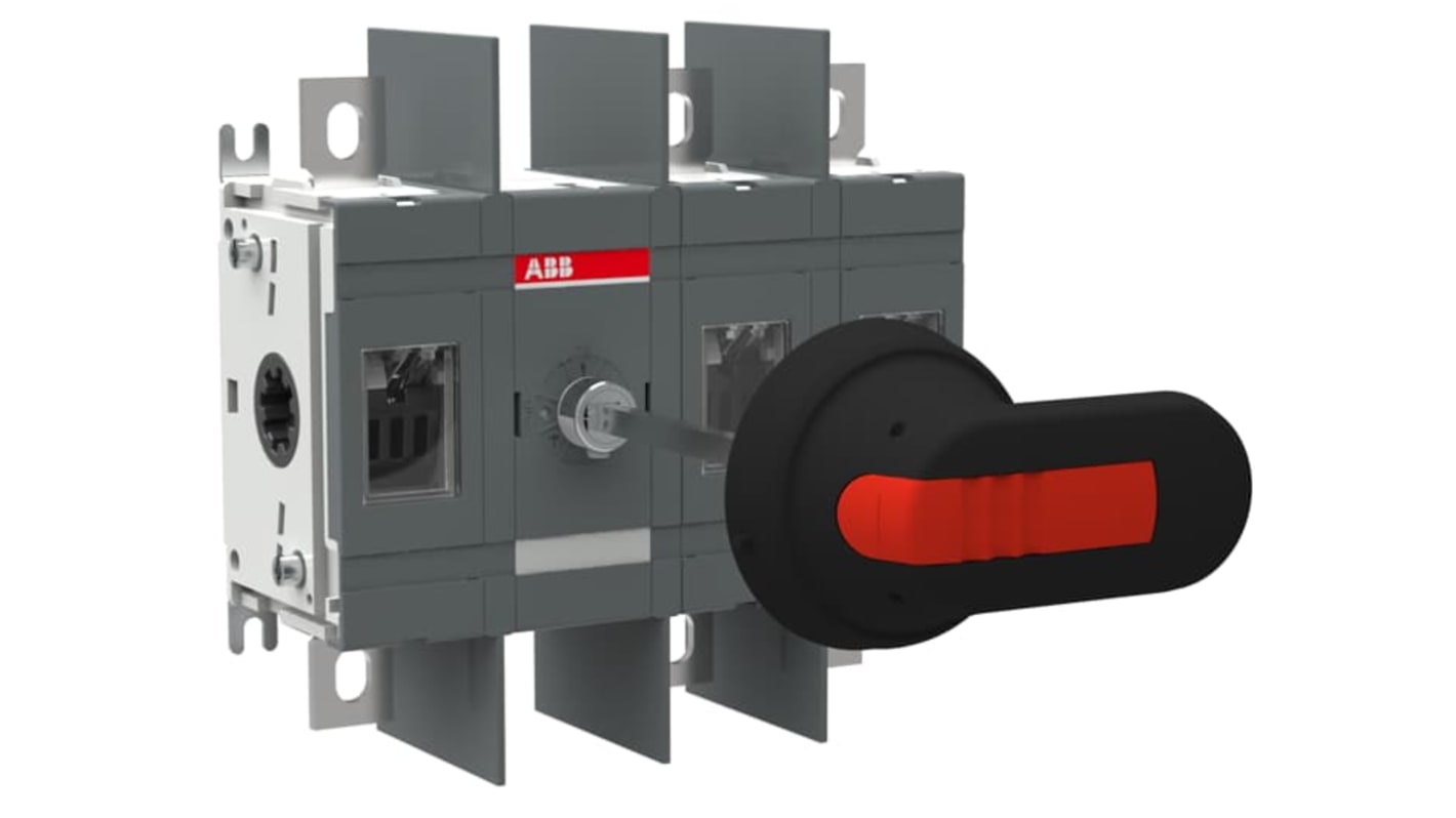 Sezionatore con interruttore ABB, 3 poli, 250A, 1000V, montaggio a vite, protezione IP65, manico nero incluso.