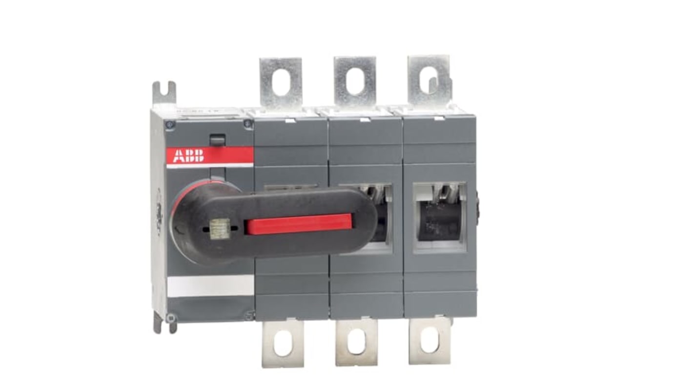 Sezionatore interruttore ABB OT315E03K, 3 poli, 315A, 1000V, montaggio a vite, maniglia nera, grado di protezione IP00.