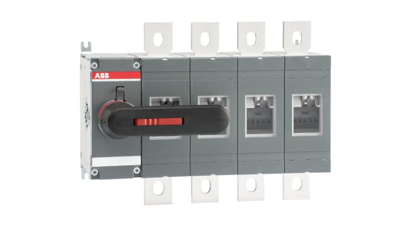 Sezionatore con interruttore ABB, 4 poli, corrente 630A, montaggio superficiale, protezione IP00, potenza 355kW.