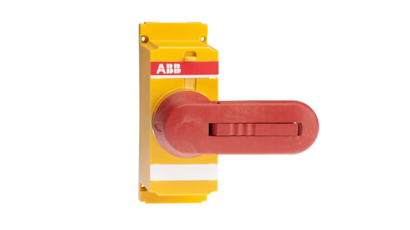 Manopola rotante ABB per fusibili interruttore, codice 1SCA022779R5830, dimensioni 50x50x100 mm, montaggio diretto, colore rosso/giallo.