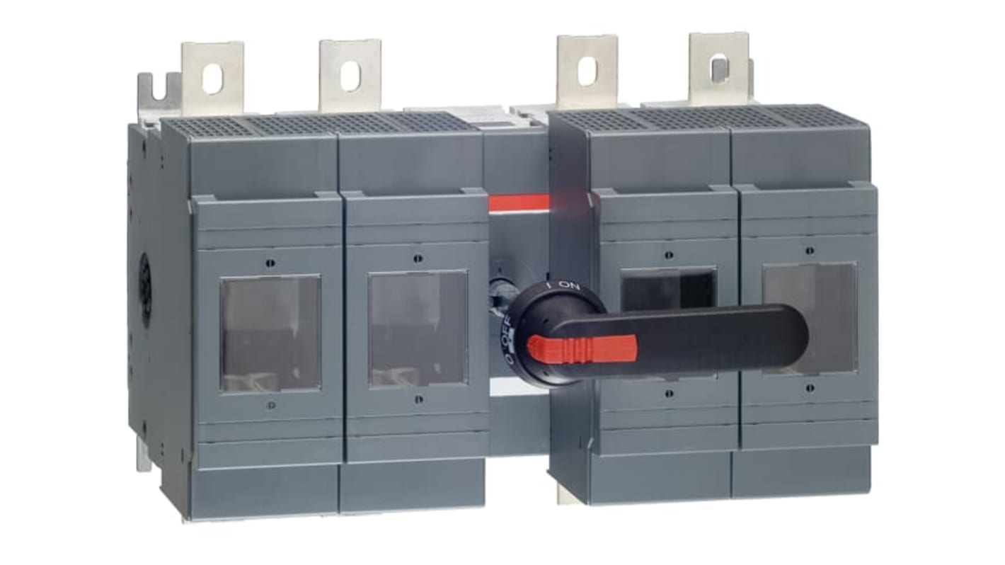 Sezionatore portafusibili ABB, 4 poli, corrente 630A, tensione 500V, impugnatura a pistola, terminali a linguetta 39 mm.