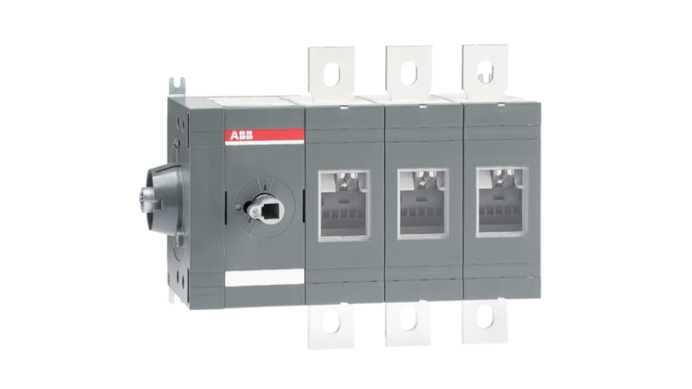 Sezionatore con interruttore ABB OT800ES03, 3 poli, 800A, montaggio a vite, protezione IP00, 1000V.