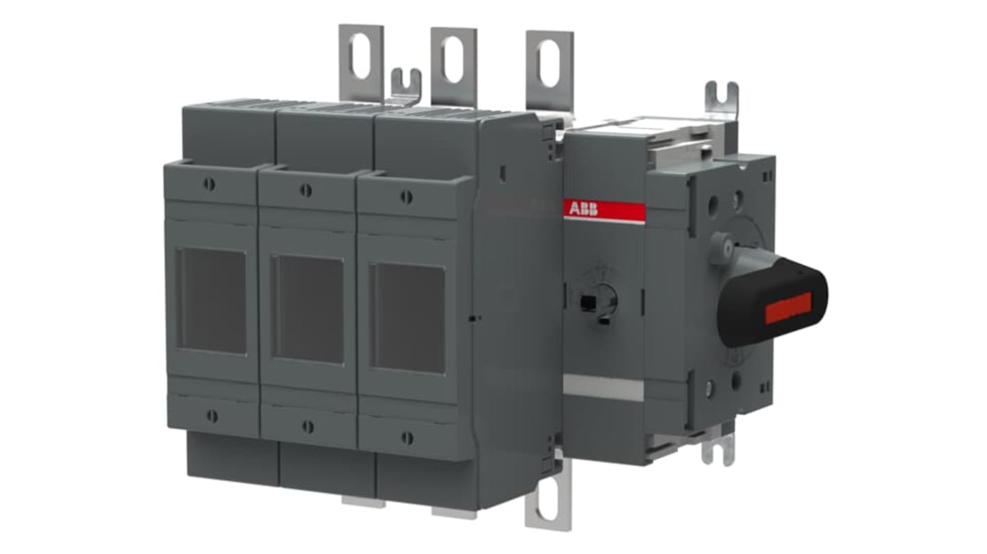 Sezionatore portafusibili ABB, 3 poli, 200A, 500V, azionamento laterale, maniglia inclusa, terminali a linguetta.