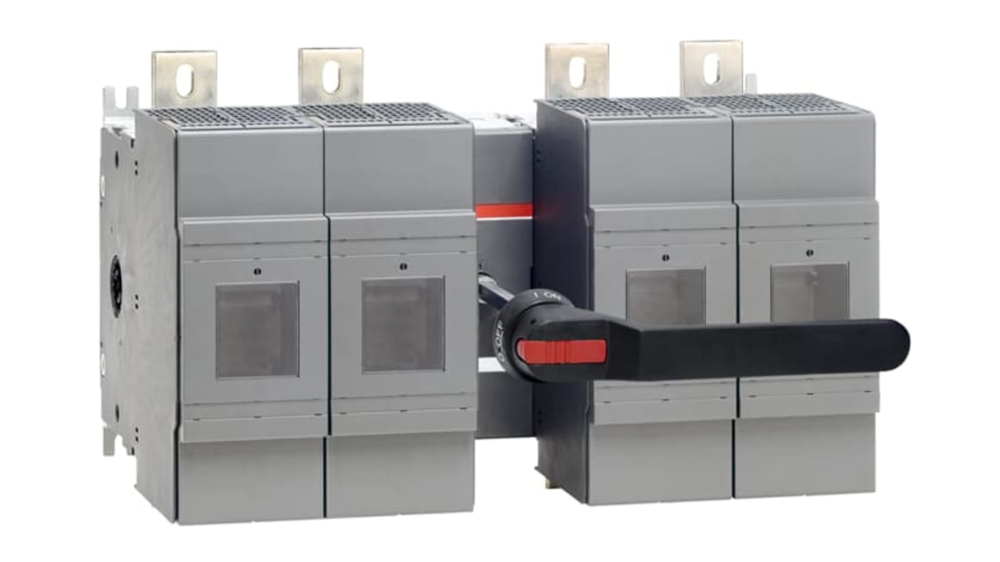 Sezionatore portafusibili ABB D1, 4 poli, corrente 1.25kA, tensione 500V, con impugnatura a pistola e terminali a linguetta.