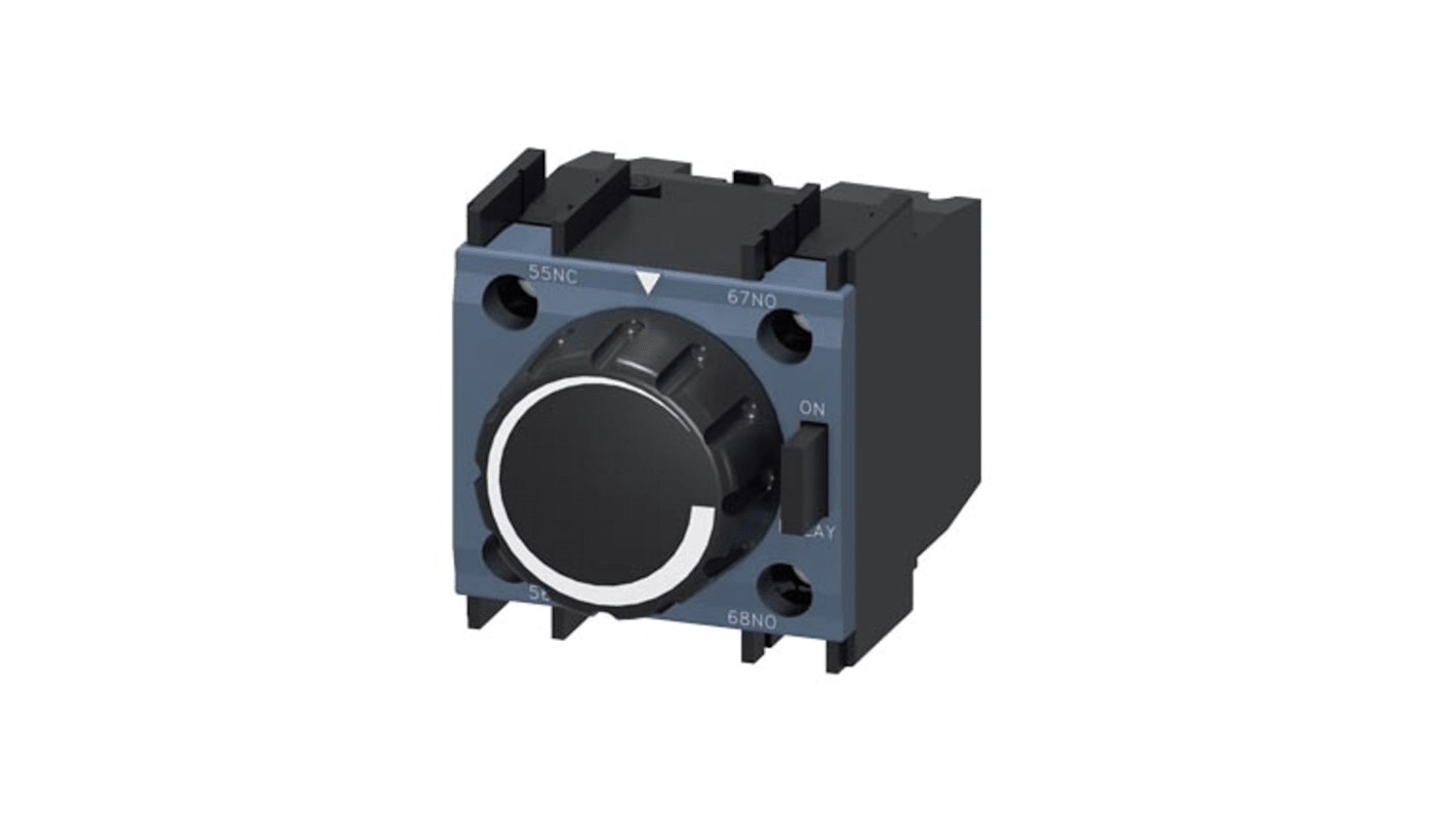 Blocco relè di temporizzazione pneumatico Siemens 3RT2927-2PA01 per contattori motori S0. Ritardo accensione 1-30s, dimensioni 45x45x60mm, protezione IP20. Ideale per applicazioni industriali.