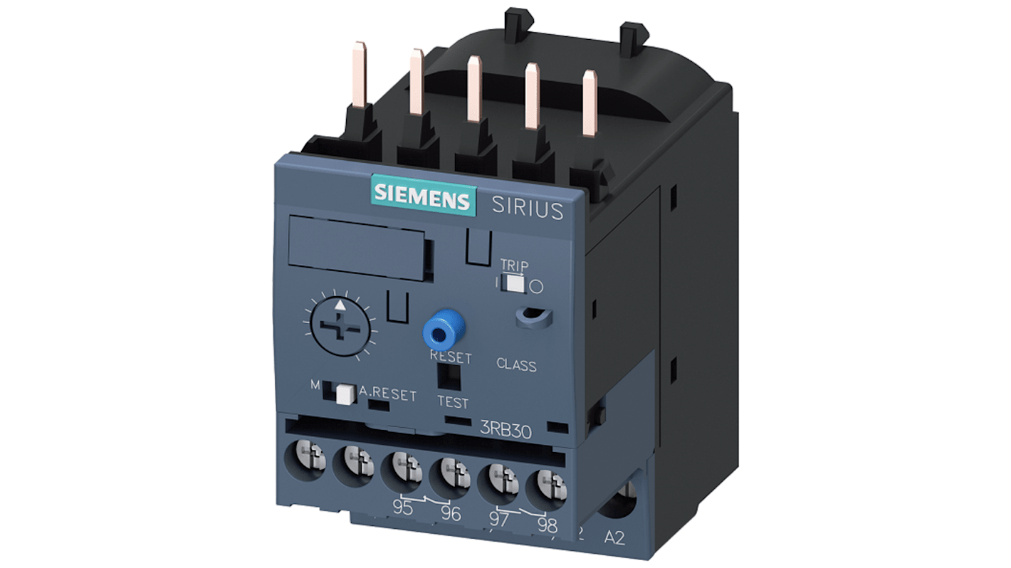 Relè di sovraccarico a stato solido Siemens 3RB3016-2NB0, 1 NO + 1 NC, corrente nominale 4 A, montaggio diretto, grado di protezione IP20.