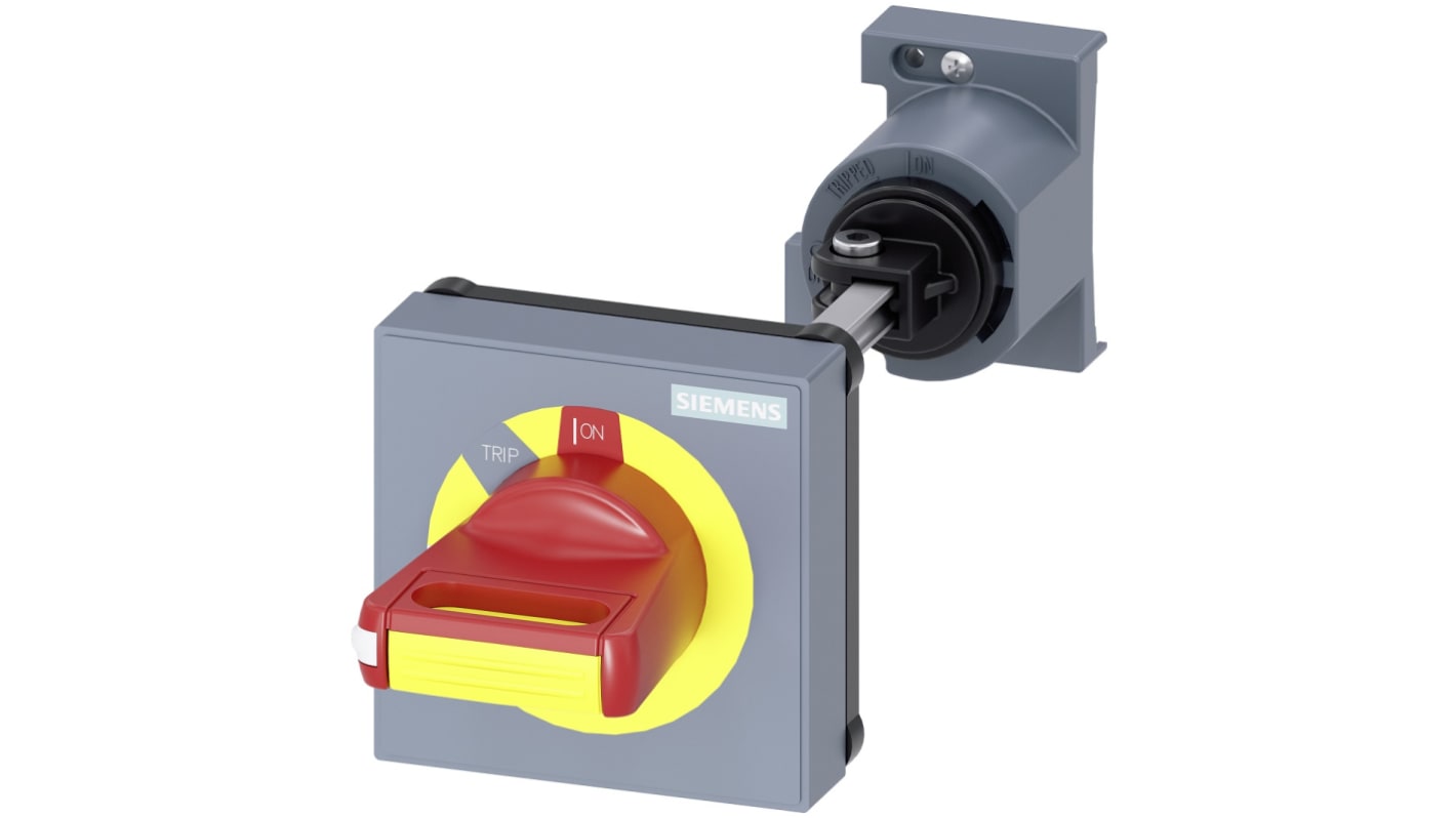 Manopola rotante Siemens 3RV2926-1C per interruttori automatici, colore rosso/giallo, lunghezza 212.5 mm, montaggio versatile.