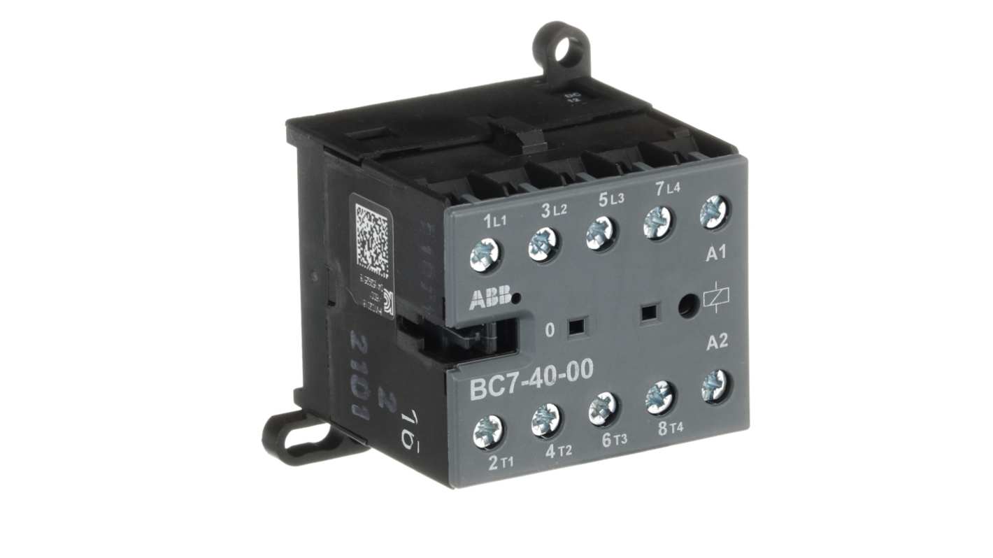 Contattore ABB GJL1313201R0007, 4 poli, 20 A, 5,5 kW, bobina 12 V c.c., montaggio su guida, grado di protezione IP20.
