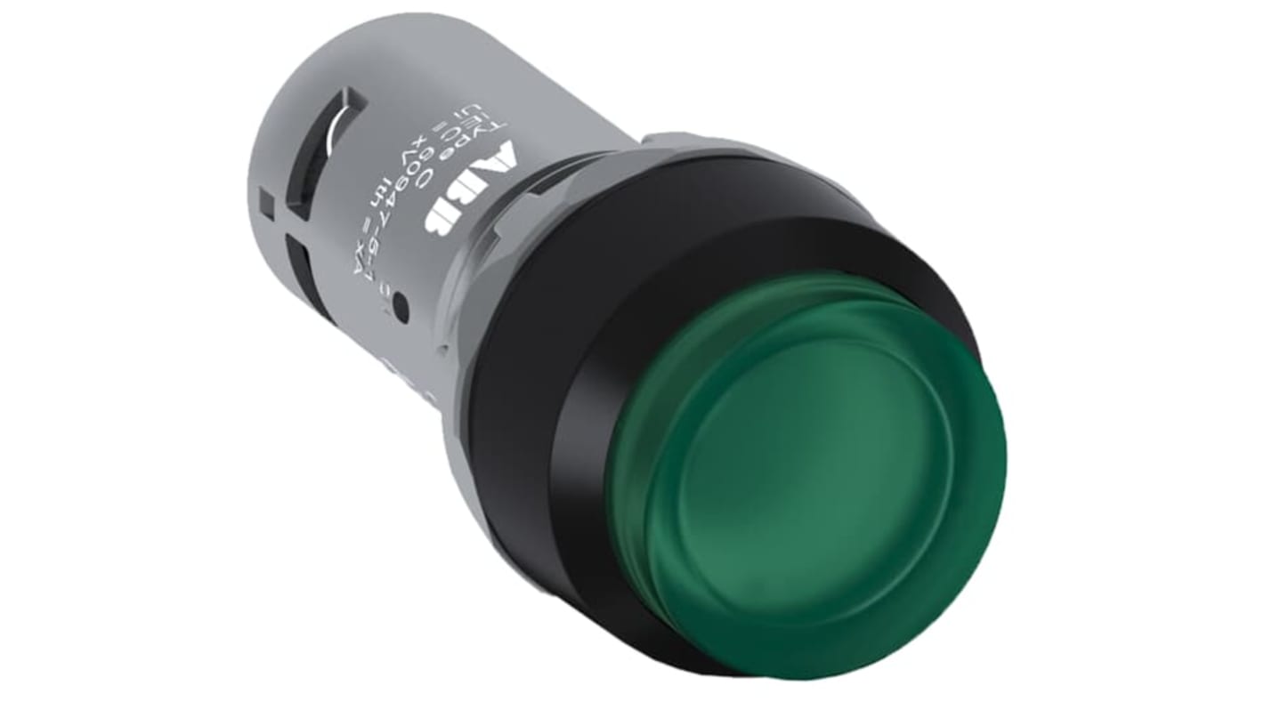 ABB, pulsante SPST luminoso verde con attuatore esteso, diametro foro 22.5 mm, grado di protezione IP66.