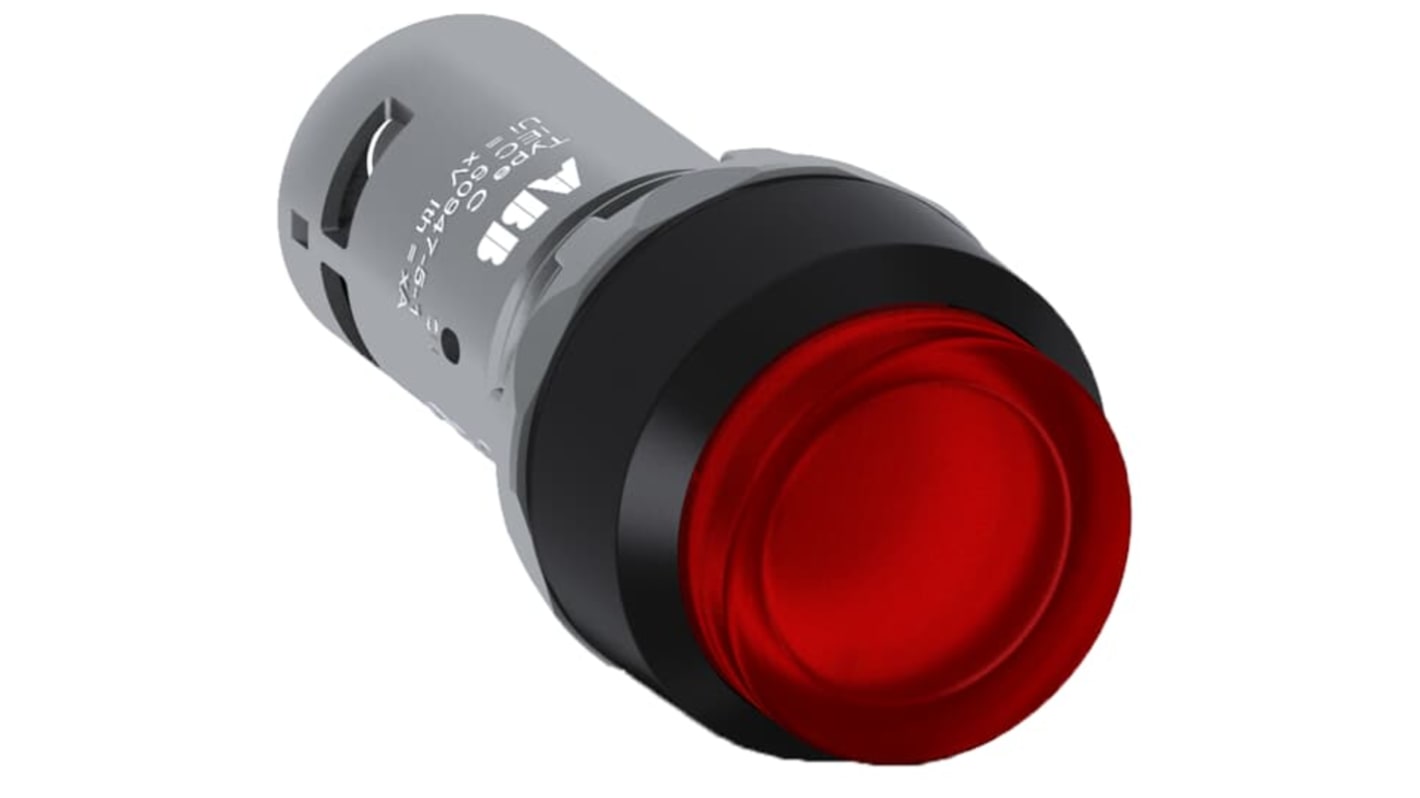 ABB, pulsante SPST luminoso rosso, cornice nera, IP66, attuatore esteso, diametro foratura 22.5 mm, codice 1SFA619103R1341.