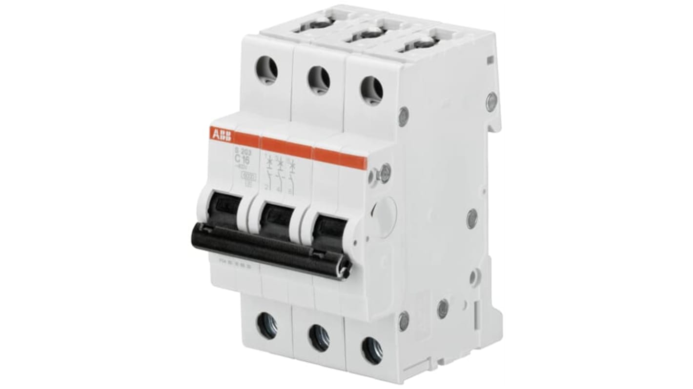 Interruttore magnetotermico ABB 3P, Tipo C, 1.6A, montaggio su guida DIN, grado di protezione IP20, operante da -25 a +55 °C.