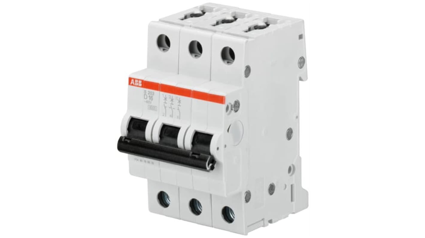 Interruttore magnetotermico ABB S203 D 0.5A, 3 poli, montaggio su guida DIN, protezione IP20, funzionamento -25/+55°C.